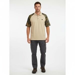 Mossy Oak Ranger Polo Shirt Men Medium Beige‎ Camo Outdoor Hunting Activewear